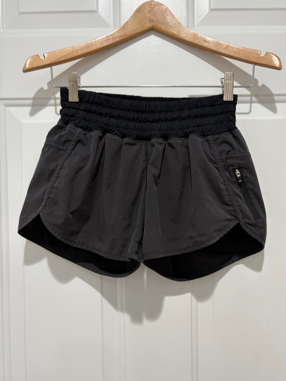 lululemon athletica Deep Grey Athletic Shorts with Black Smocked Waist, size 4